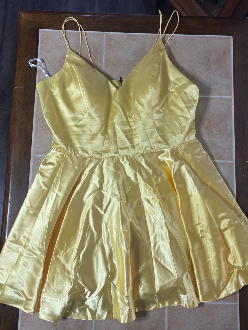 Sherri Hill Yellow Satin Spaghetti-Strap Fit-and-Flare Dress